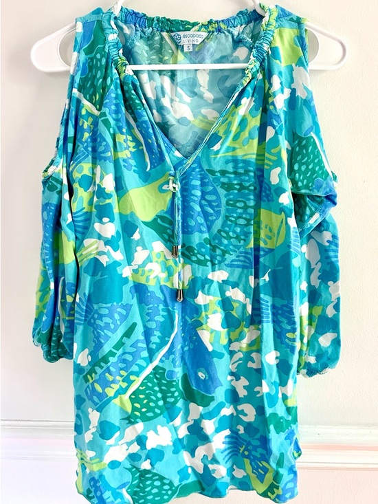 escapada Tops - Escapada Living S Blue Green Fish Rayon Resort Top